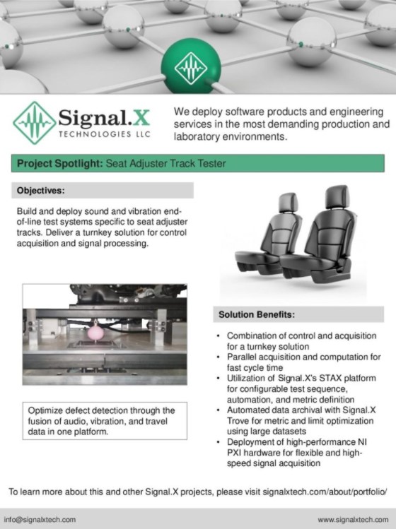 Seat Adjuster Track Tester Signal.X Technologies, LLC